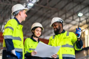 Professional team labor machanic engineer technician worker industrial work control with machine, manufacturing, factory, production line, Indusry 4.0, robot, industrial facility.business planning