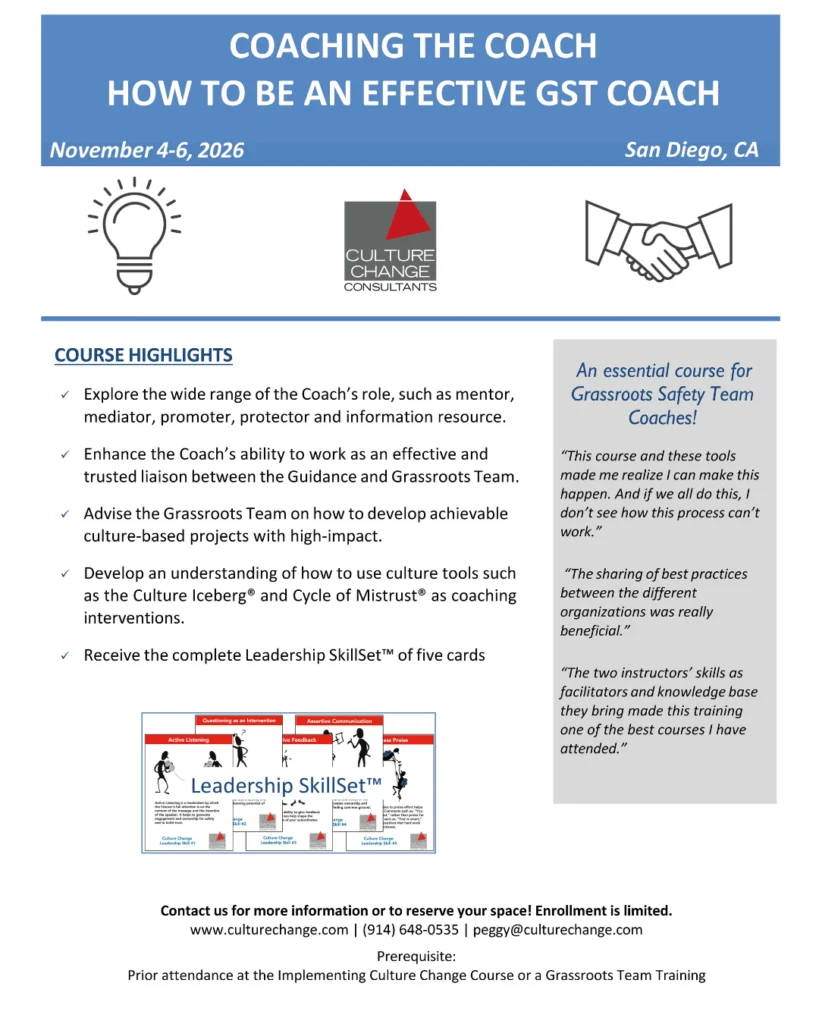 Alt text: Flyer for a coaching course titled "Coaching the Coach: How to Be an Effective GST Coach" in San Diego, November 4-6, 2026. Includes highlights on enhancing coaching skills, building trust with grassroots teams, and using tools like the Culture Iceberg. Features a lightbulb, handshake, and logo of Culture Change Consultants. Includes testimonials emphasizing the benefits of shared practices. Contact information is provided at the bottom.